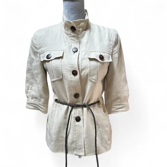 ZARA WOMAN Beige Linen Utility Jacket Safari Style Leather Belted Medium - Picture 1 of 7